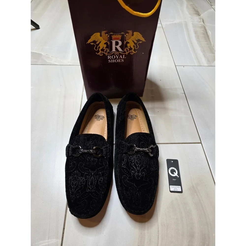 Royal Shoes Mens Black Velvet Paisley Damask Bit Loafers MOC-107 Size 8.5‎ NEW